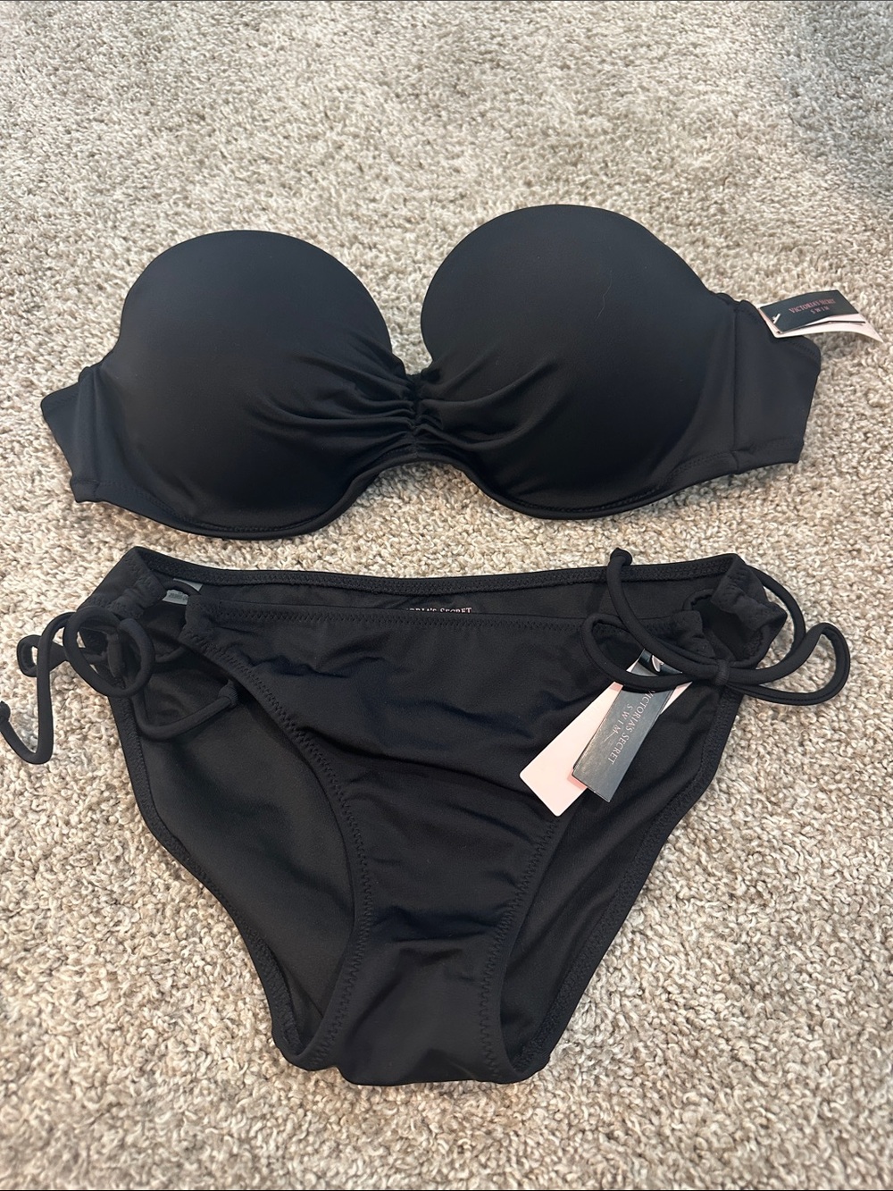 Victoria's Secret Black Strapless Bandeau Bikini Set NEW 34D top and S bottom